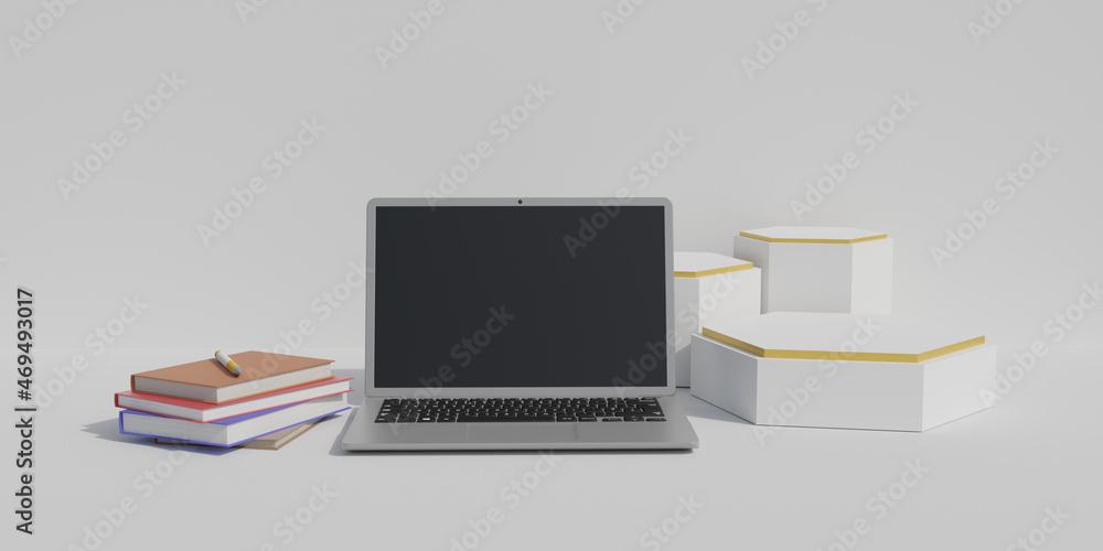 Poster 3d render laptop with various objects suitable for mockup designs and advertising