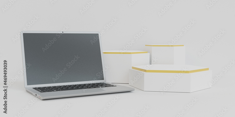 Poster 3d render laptop with various objects suitable for mockup designs and advertising