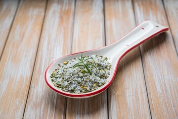 Fragrant seasoning, green salt with a mixture of dried herbs in a ceramic spoon on a wooden background.