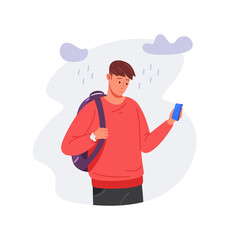 Lonely schoolboy. Anxiety boy with phone, vector