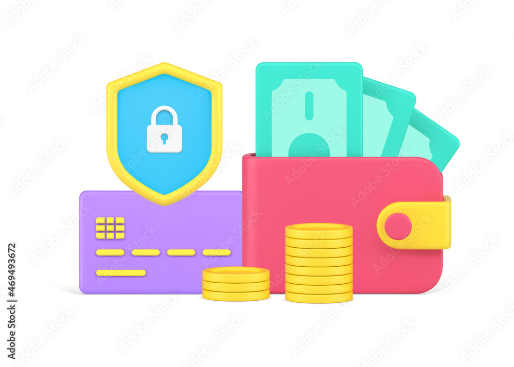 Wall mural Banking financial security money protect with cash wallet and credit card emoney 3d icon isometric