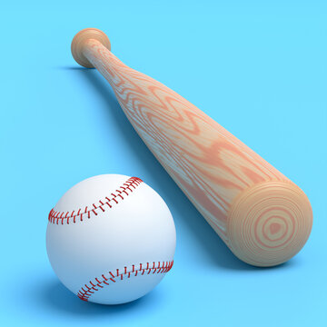Wooden professional softball or baseball bat and ball isolated on white.