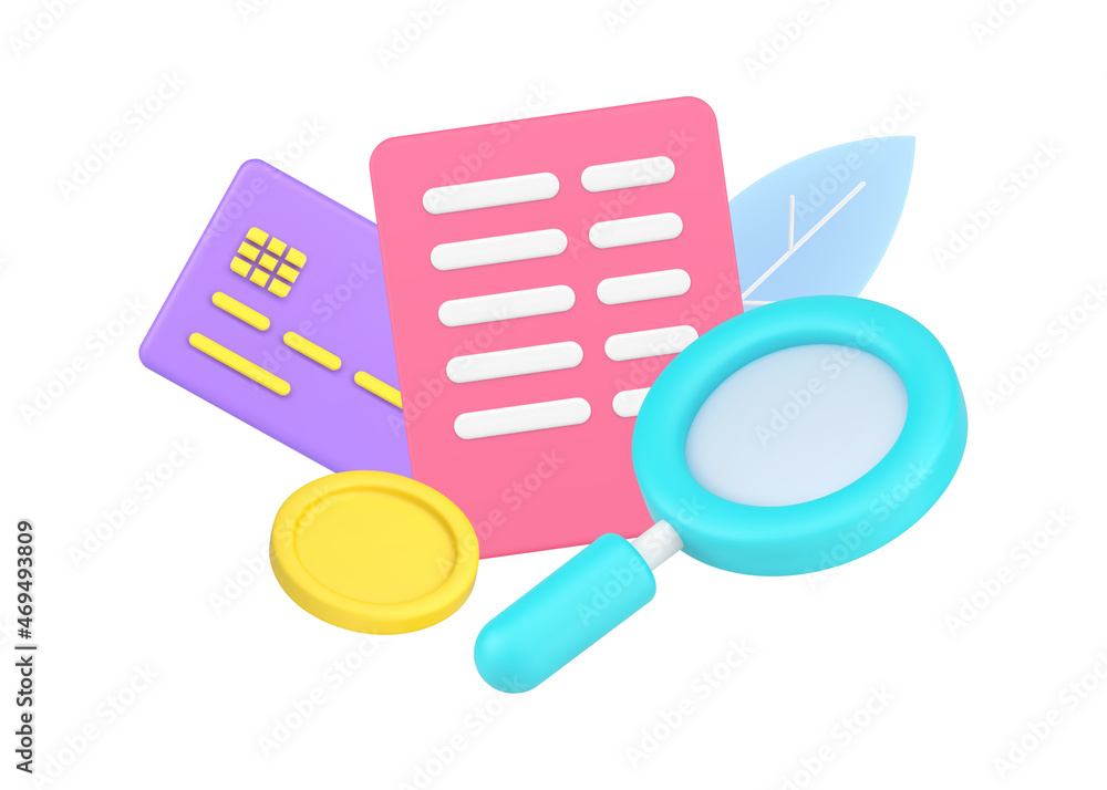Poster searching information at document agreement of regular payment with magnifying glass 3d icon