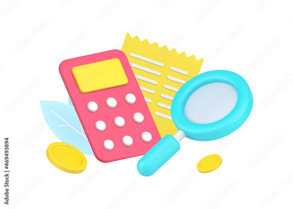 Poster checking information for regular payment paper document agreement with magnifying glass 3d icon