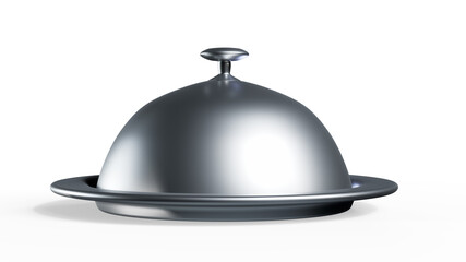 Open silver steel serving Cloche isolated on a white background. 3d rendering