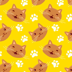 Vector illustration with head of happy cute cat character on yellow color background with paw print. Flat style seamless pattern design of animal cat