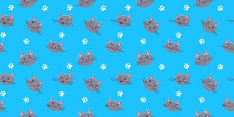 Vector horizontal illustration with head of happy cute cat character on blue color background with paw print. Flat style seamless pattern design of animal cat