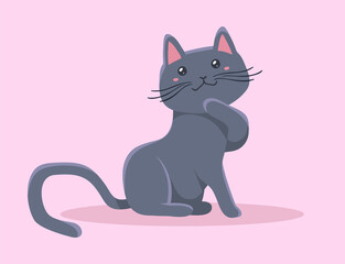 Vector illustration of happy cute gray cat character on pink color background with shadow. Flat style design of sitting animal cat