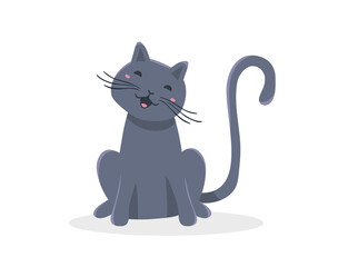 Vector illustration of happy cute gray cat character on white color background with shadow. Flat style design of sitting animal cat