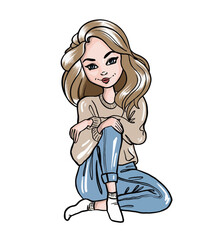 Vector hand drawn illustration of cute girl In jeans and a sweater