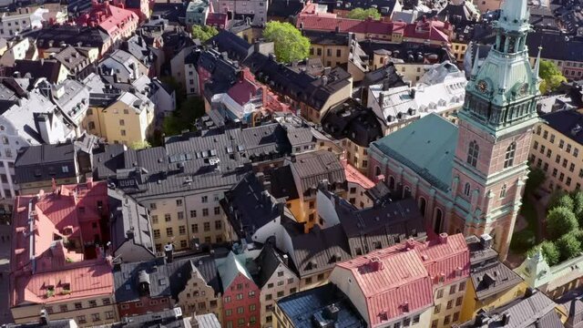 Aerial view Stockholm Sweden. Cityscape of the old town with historic buildings and pedestrian streets, cathedrals.