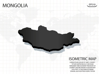 3D Map black of Mongolia on world map background .Vector modern isometric concept greeting Card illustration eps 10.