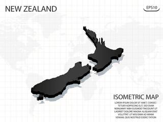 3D Map black of New Zealand on world map background .Vector modern isometric concept greeting Card illustration eps 10.