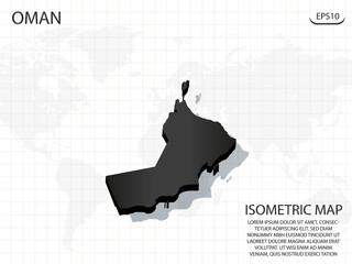 3D Map black of Oman on world map background .Vector modern isometric concept greeting Card illustration eps 10.