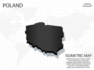 3D Map black of Poland on world map background .Vector modern isometric concept greeting Card illustration eps 10.