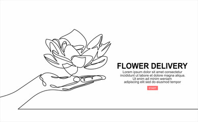 Hand holds flowers.Business concept of online ordering and flower delivery service gifts. It can be used as a banner, advertisement, promotional.