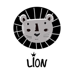 Vector black and wite icon of Scandi animal cute lion face on white background for greeting card, logo, design childish room in Scandinavian style