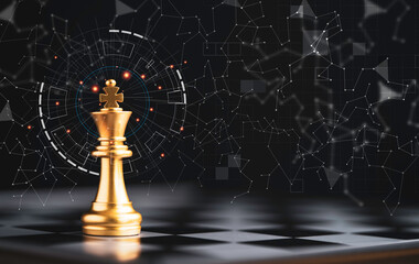 Golden king chess standing alone on chess board and dark background with connection line for...