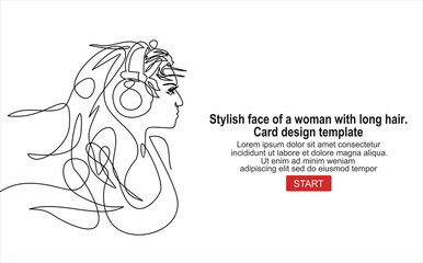 Stylish face of a woman with long hair. Card design template.Continuous line drawing of Portrait of a Beautiful Woman's face.