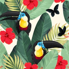 Vector seamless pattern with toucans and flowers - obrazy, fototapety, plakaty
