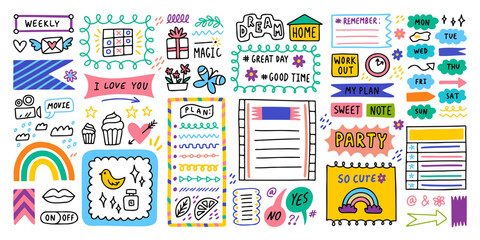 Fototapeta na wymiar Big set. Diary bullet cute journal border elements. Note icon, sticker for school. Vector illustration