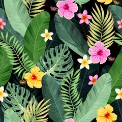 Vector seamless pattern with hibiscus and palm
