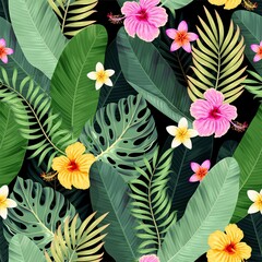 Vector seamless pattern with hibiscus and palm © olga_igorevna