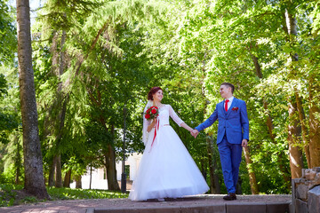 Young beautiful couple walk in nature in summer day. The bride in white dress with a long veil and...