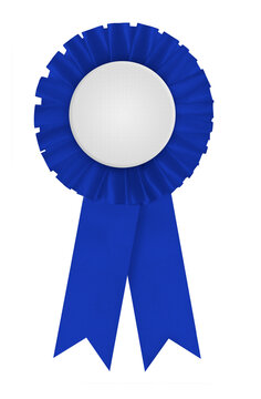 Circular pleated blue ribbon winners rosette with blank white center for applying a design to. Photographed on a bank white background. 