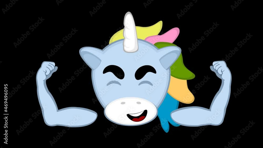 Poster loop animation of a cartoon unicorn flexing its arms and contracting its biceps, on a transparent ba