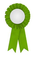 Circular pleated green winners rosette made of ribbon with blank white center for applying a design...