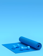Isometric view of sport equipment like yoga mat and dumbbell on blue
