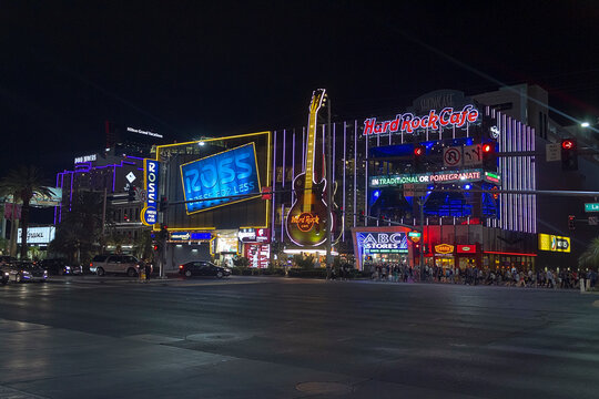LAs Vegas, NV, USA - August 30, 2017. People walking in Las Vegas Strip in front of Hard Rock Cafe.