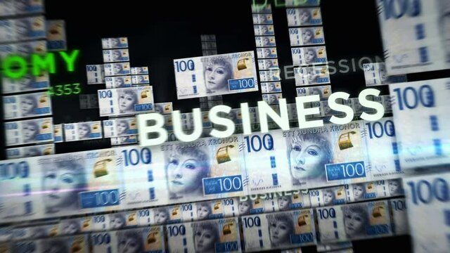 Swedish Krone money loop 3d animation. Camera flying between NZD banknotes. Finance, economy, crisis, business success, recession, debt and tax seamless looped concept.