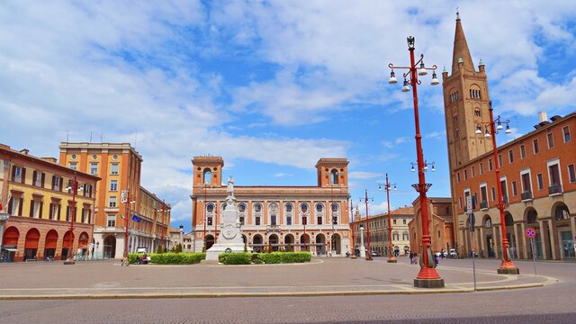 View of  Aurelio Saffi square in the historic center of the city of Forl&igrave; in Emilia Romagna, Italy