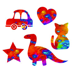 A set of children's icons in a colorful fantasy style