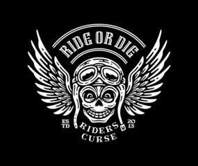 illustration of a skull rider wearing helmet with a wings logo emblem in vintage design