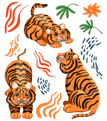 Collection of funny tigers. Eastern calendar symbol. Colorful vector illustration in scandinavian style. Abstract cartoon animals cliparts isolated on white.