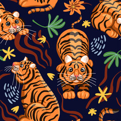 Funny tigers vector seamless pattern. Wild cats colored modern ornament. Eastern calendar symbol of the year. Design for fabric, textile, background, wallpaper, decor.