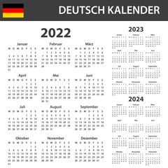 German Calendar for 2022-2024. Scheduler, agenda or diary template. Week starts on Monday
