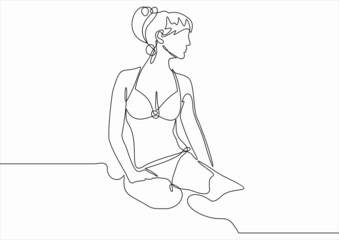 Woman sitting on the seashore sand. Vector Illustration for Beach Holidays, Summer vacation, Leisure, Recreation.Continuous line vector drawing. 