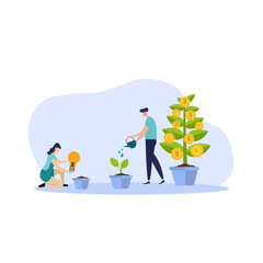 people grow, plant and water the money tree. They work together and run a profitable business. Vector illustration for business, finance, investment, growth, prosperity concept.