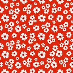 Seamless pattern with Christmas decoration. White flowers on red background.