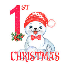 Watercolor illustration with cute little animal, first Christmas, baby card, christmas print for kids 