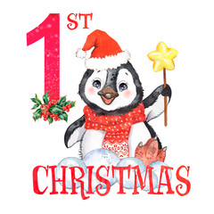 Watercolor illustration with cute little animal, first Christmas, baby card, christmas print for kids 