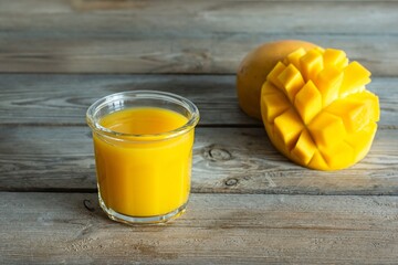Fresh mango juice in a glass glass with mango slice on wooden background. Exotic drink, Trending colors of the year