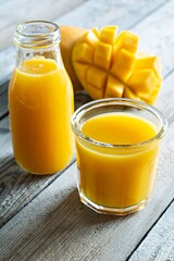 Fresh mango juice in a glass glass with mango slice on wooden background. Exotic drink, Trending colors of the year