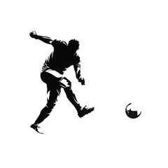 Fototapeta na wymiar Soccer player kicking ball, abstract isolated vector silhouette, footballer logo, ink drawing, side view