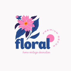 Abstract Flowers Vector Signs or Logo Templates. Retro Floral Illustration with Classy Typography. Feminine Logo. Modern Logo Template for florist, photographer, fashion blogger, design studio.