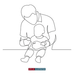 Continuous line drawing of A man holds a child in his arms. Father and baby. Template for your design. Vector illustration.
